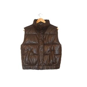 Abercrombie Fitch Brown Faux Leather Puffer Vest Women M Stand Collar Zip Pocket